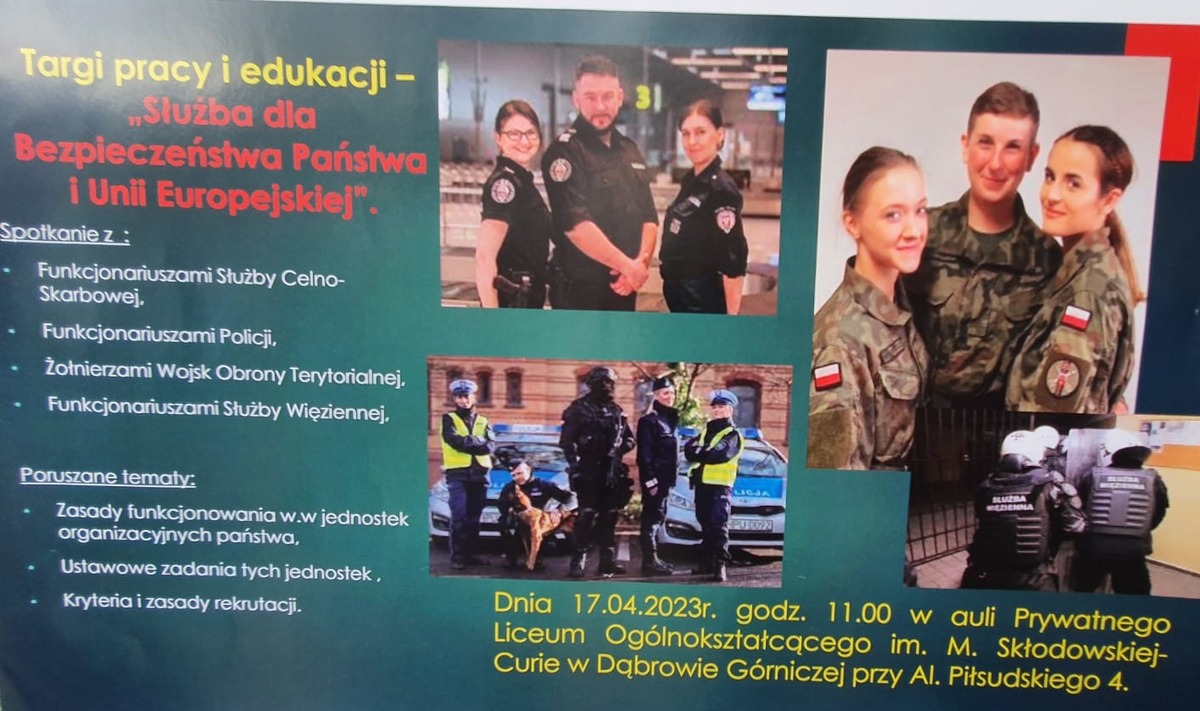 Ulotka przedstawia 4 zdjęcia kadetów służb mundurowych oraz funkcjonariuszy policji, słuzby więziennictwa oraz funkcjonariuszy słuzby celno-skarbowej. na ulotce umieszczony jest tekst o poruszonych tematachi i informacja kiedy odbędą się targi.