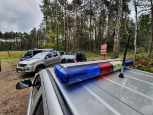 Radiowozy oznakowane i funkcjonariusze Policji i Straży Leśnej podczas działań w lasach Dąbrowy Górniczej