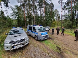 Radiowozy oznakowane i funkcjonariusze Policji i Straży Leśnej podczas działań w lasach Dąbrowy Górniczej