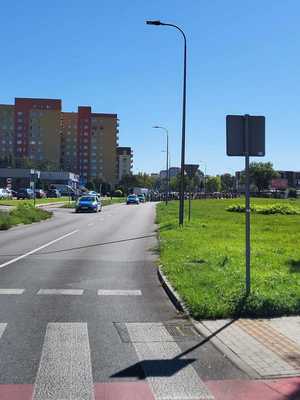 Umundurowani policjanci i oznakowane radiowozy podczas rajdu rowerowego ulicami Dąbrowy Górniczej